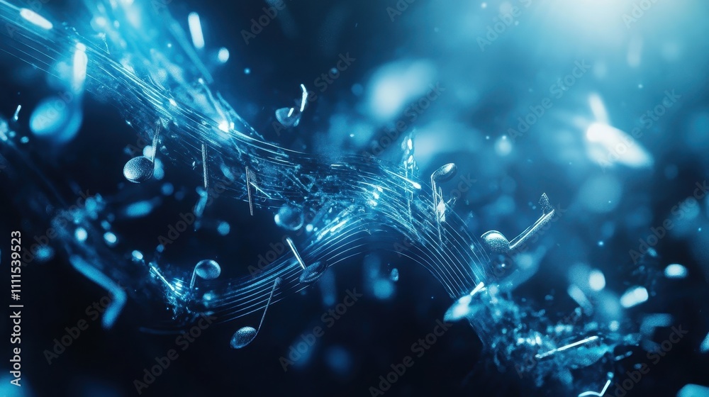 Silver and blue music notes intertwined with glowing soundbars on a dark, moody background, enhanced by abstract light rays and fading textures Silver and blue music notes intertwined with glowing soundbars on a dark, moody background, enhanced by abstract light rays and fading textures