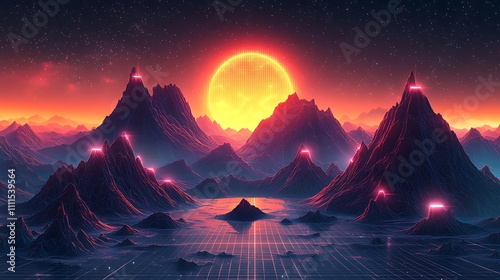 Retro futuristic landscape with glowing peaks and a large sun.