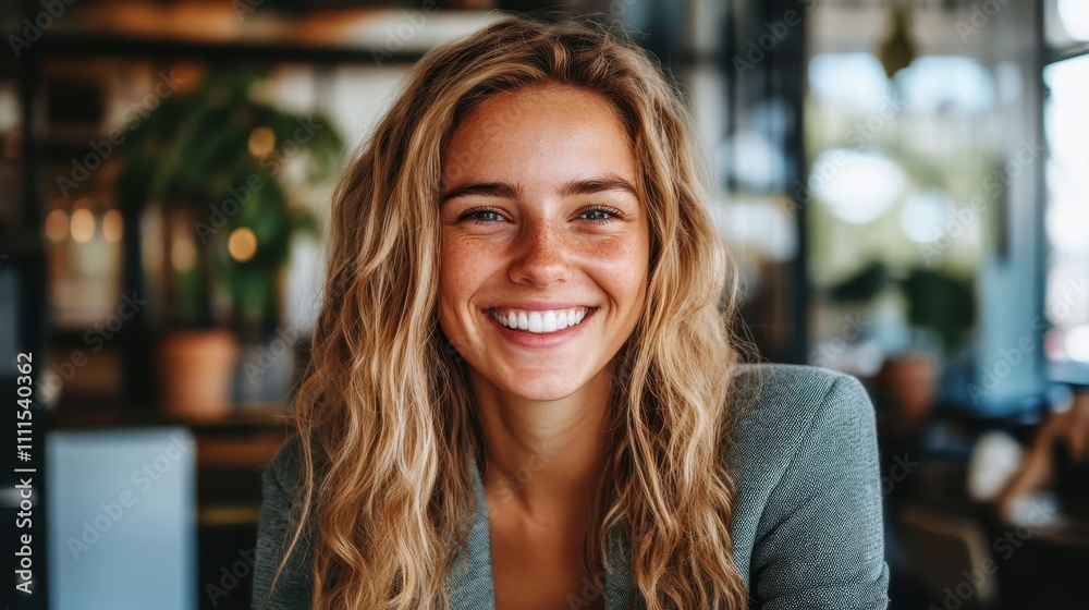 Smiling Woman in Casual Setting with Natural Light Smiling Woman in Casual Setting with Natural Light