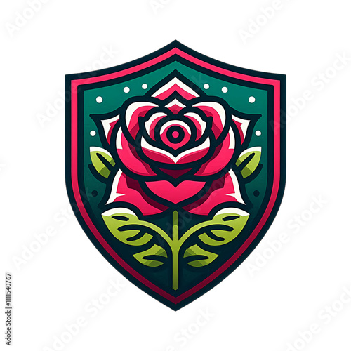 A rose flower logo inside a shield