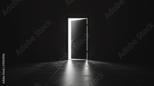 A door in a dark room is open, revealing bright light behind it.