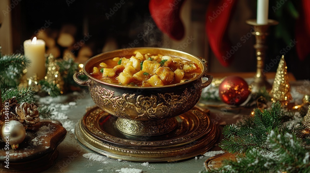 A festive pot of stew sits on a table, surrounded by holiday decorations and candles. A festive pot of stew sits on a table, surrounded by holiday decorations and candles.