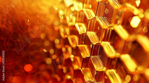 Honeycomb structure reflecting golden light and creating beautiful bokeh effect, ideal for backgrounds related to nature, food, or abstract designs photo