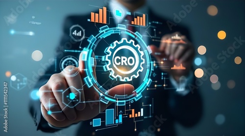 Businessman Interacting with Futuristic CRO Interface: Optimization and Data Analysis for Enhanced Conversion Rates