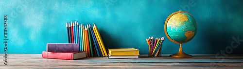 Colorful backtoschool 3D illustration with books, colored pencils, a globe, and educational supplies, representing creativity, learning, and the excitement of returning to school photo