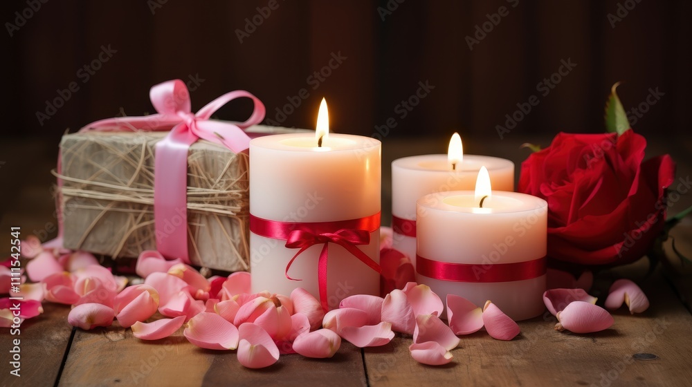 Romantic Scene with Decorative Candles, Rose, Gift Box, and Petals for Special Occasions and Celebrations Romantic Scene with Decorative Candles, Rose, Gift Box, and Petals for Special Occasions and Celebrations