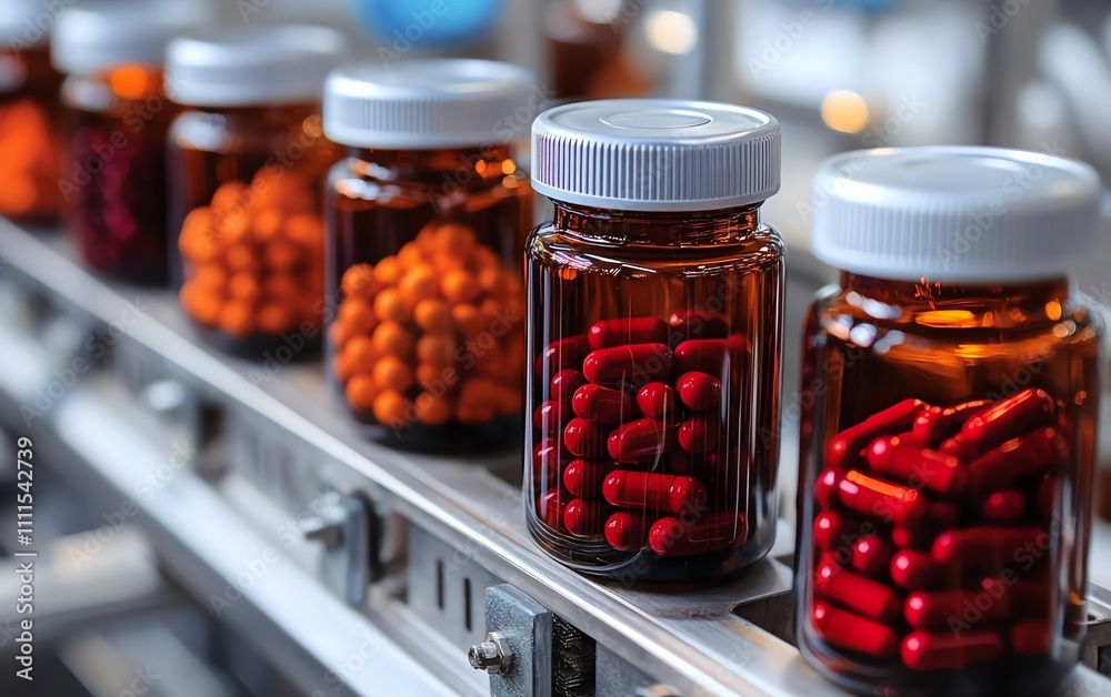 Detailed scene of sterile medical products being bottled in a clean pharmaceutical factory Detailed scene of sterile medical products being bottled in a clean pharmaceutical factory