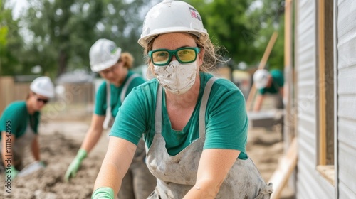 A group of volunteers in hardhats working together on a Habitat for Humanity construction site photo