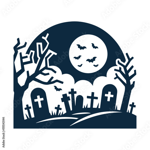 Black silhouette graveyard scene spooky gravestones vector icon illustration design isolated on white