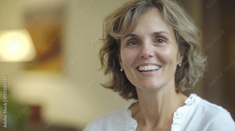 Happy Middle-Aged Woman Smiling in Cozy Setting Happy Middle-Aged Woman Smiling in Cozy Setting