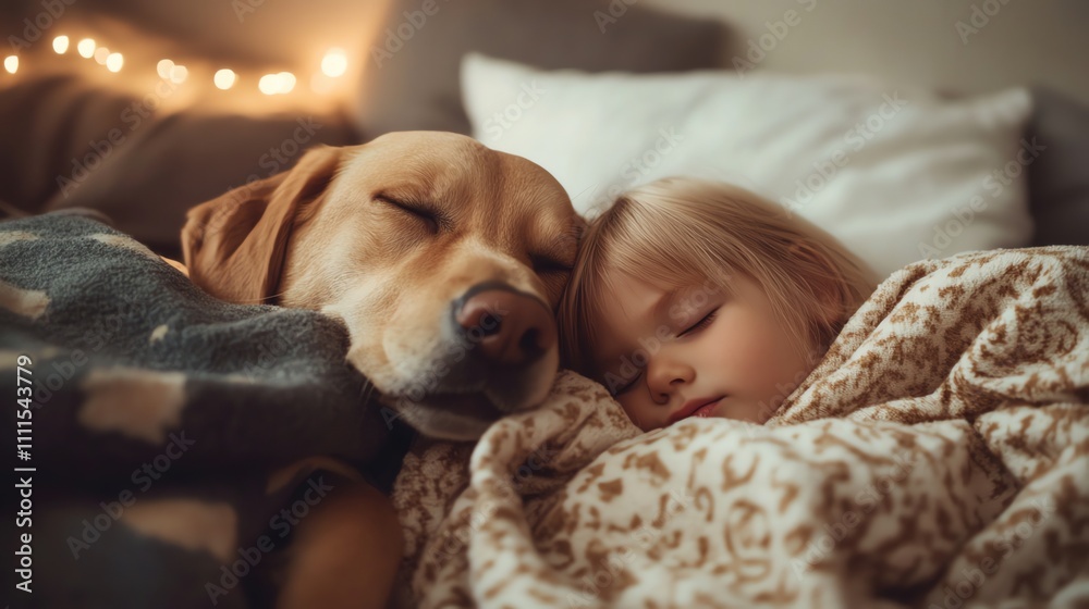 A baby is sleeping on a bed with a golden retriever dog beside it. A baby is sleeping on a bed with a golden retriever dog beside it.
