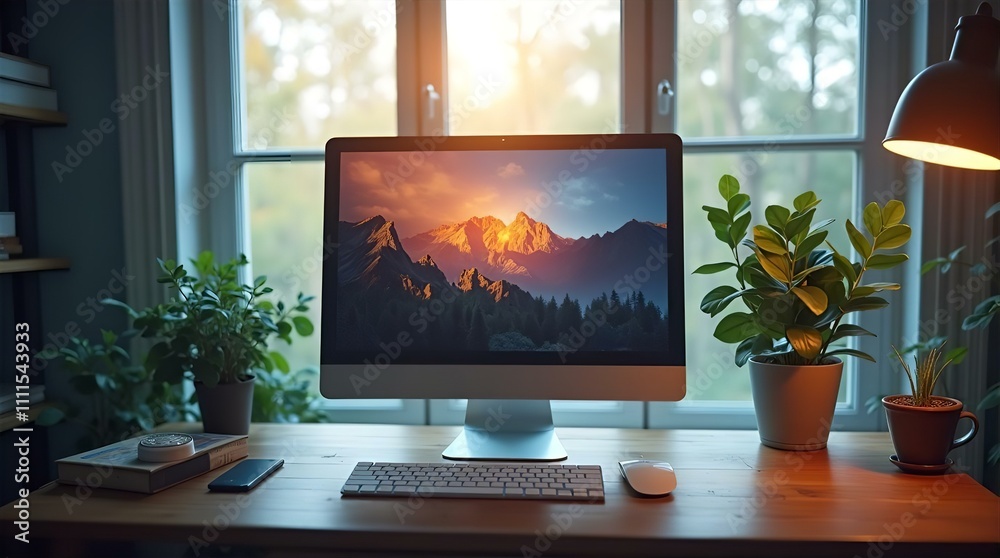 Fototapeta premium Cozy Home Office Workspace with Mountain View on iMac, Plants, and Warm Lighting