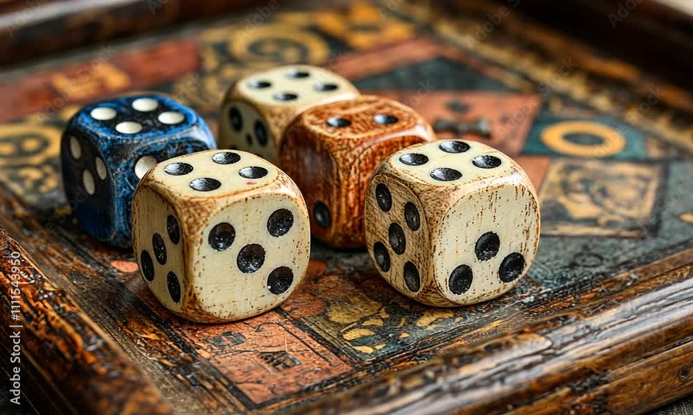A close-up of vintage dice on a decorative game board.