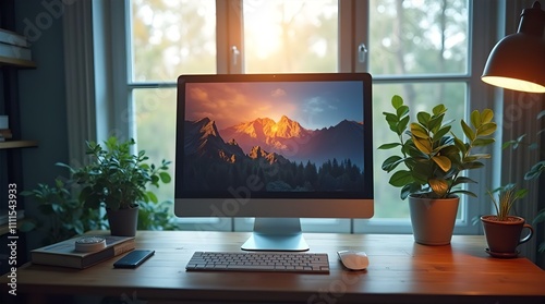 Cozy Home Office Workspace with Mountain View on iMac  Plants  and Warm Lighting