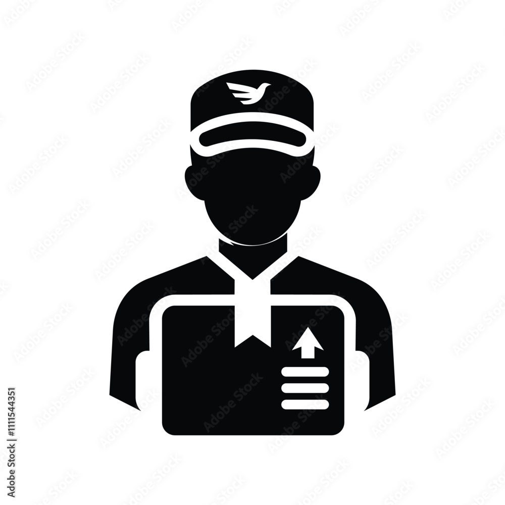 Delivery man icon, courier vector pictogram isolated on white background. Flat illustration of home express delivery service, courier man holding package icon. Delivery man icon, courier vector pictogram isolated on white background. Flat illustration of home express delivery service, courier man holding package icon.