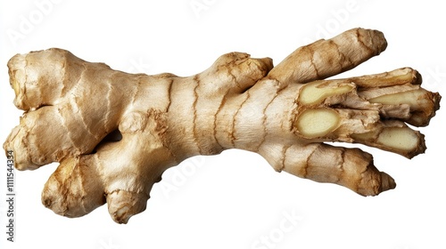 A fresh piece of ginger root showing its knobby texture and natural color. photo