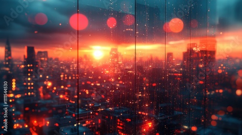 Futuristic Cityscape Reflected in Glass with Warm Sunset Glow and Soft Bokeh Lighting in Modern Business Office Building