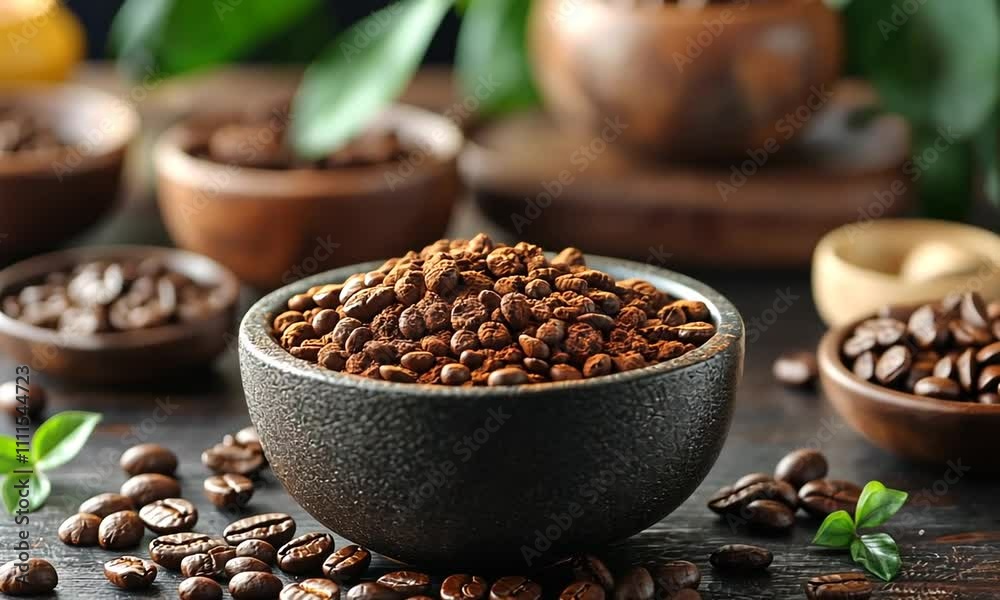 Bowl of coffee beans and ground coffee on a wooden surface. Bowl of coffee beans and ground coffee on a wooden surface.