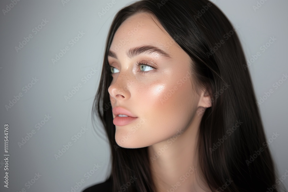 Young woman, long straight dark hair, glowing fair skin, natural makeup, minimalist grey background, side profile, elegant and radiant, copy space
Young woman, long straight dark hair, glowing fair skin, natural makeup, minimalist grey background, side profile, elegant and radiant, copy space
