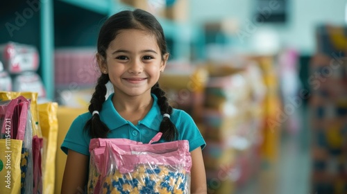 Joyful young student girl with backpack and school supplies in a classroom setting highlighting the importance of educational access and social support for children in need