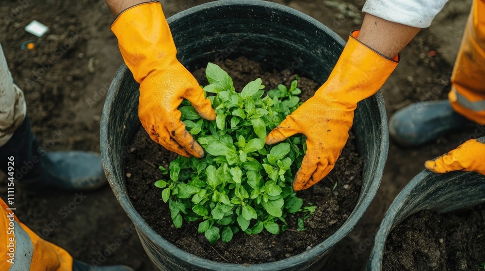 Fototapeta premium Hands in Protective Gloves Planting Seedlings in a Sustainable Gardening and Recycling Initiative Advocating for Environmental Change and Community Engagement