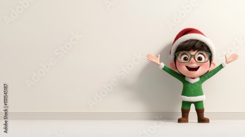 Cheerful toy elf figure in green costume with raised arms against white background, perfect for holiday educational content