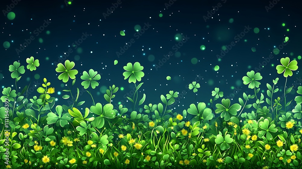 Obraz premium Enchanting Clover Field at Night Green Meadow Floral Background