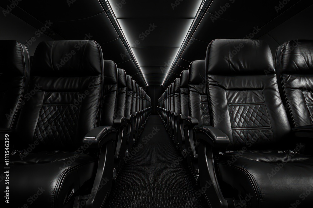 Fototapeta premium Airplane cabin with rows of empty black leather seats offering a sophisticated look.