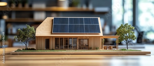 Wooden house model with integrated solar panels displayed in an architectural firms workspace photo