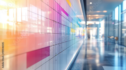 Gantt chart concept. gradient themed Gantt chart displayed on modern office wall  showcasing soft colors and sleek design. bright  airy atmosphere enhances productivity and organization
