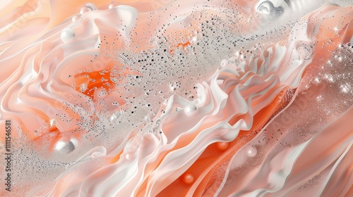 Abstract coral and silver liquid swirling together, creating a dynamic and elegant composition with floating bubbles and pearls photo