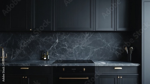 Modern Black Kitchen Interior Featuring Sleek Cabinets, Elegant Marble Countertops, Sophisticated Lighting, and Minimalist Kitchenware for Contemporary Living Spaces