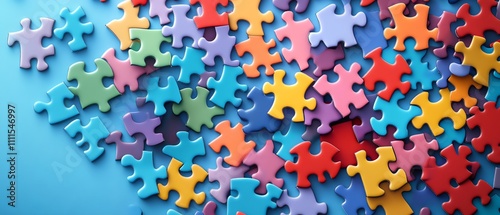 Brightly colored brain puzzle pieces, some scattered and others connecting, symbolizing the difficulties and complexities of dyspraxia photo