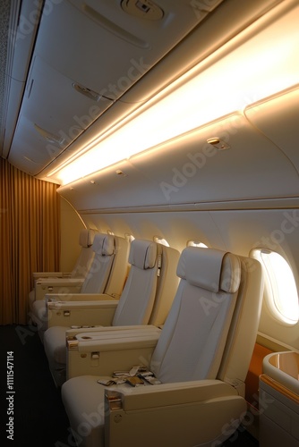 Modern lighting design in airplane cabin with a minimalistic aesthetic.
