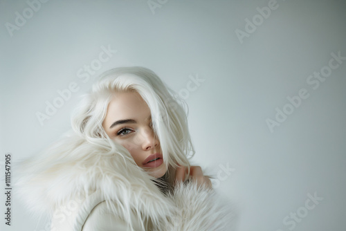 Jeune femme blonde avec manteau en fausse fourrure blanche sur fond clair, portrait lumineux et hivernal avec espace négatif copyspace. photo