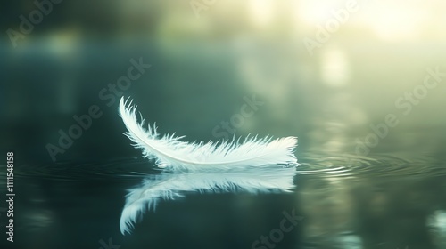 A single white feather floating on blue water with ripples.