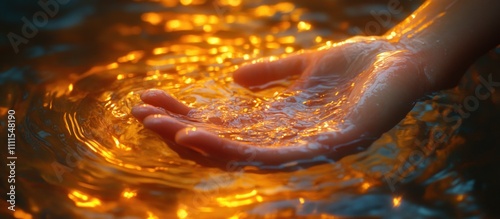 Human Hand Reaching Out to the Sun in Water during Sunset or Sunrise photo