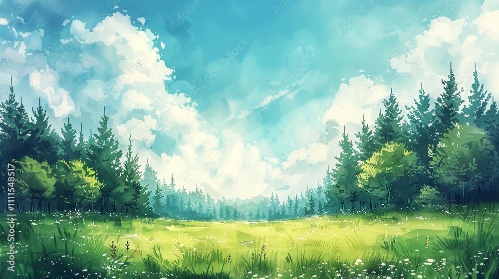Fototapeta premium A watercolor green field with pine trees on bright blue sky dotted with fluffy white clouds, creating a serene and idyllic landscape.