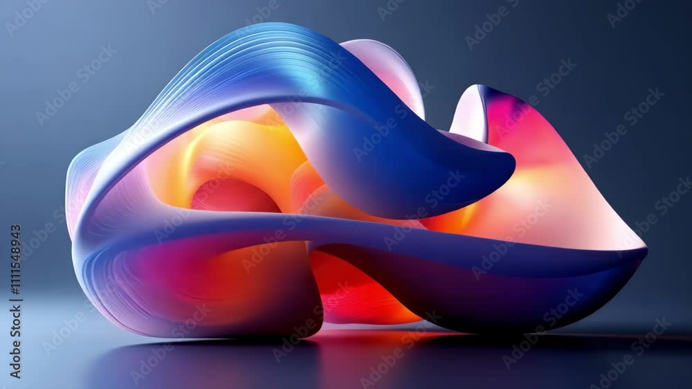 A colorful, abstract shape with a purple and orange swirl. The colors are vibrant and the shape is dynamic, giving the impression of movement and energy. The piece is visually striking