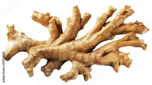 A piece of ginger root with intricate, branching shapes. photo