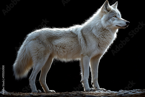 Arctic Wolf Standing Profile Against Black Background photo