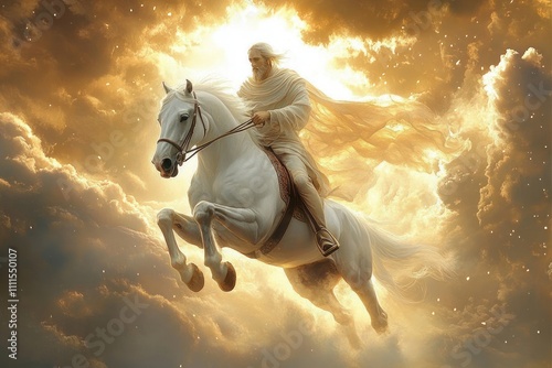 Apocalyptic Revelation of Jesus Christ on a White Horse During Golden Sunset with Michael the Prince of the Army photo
