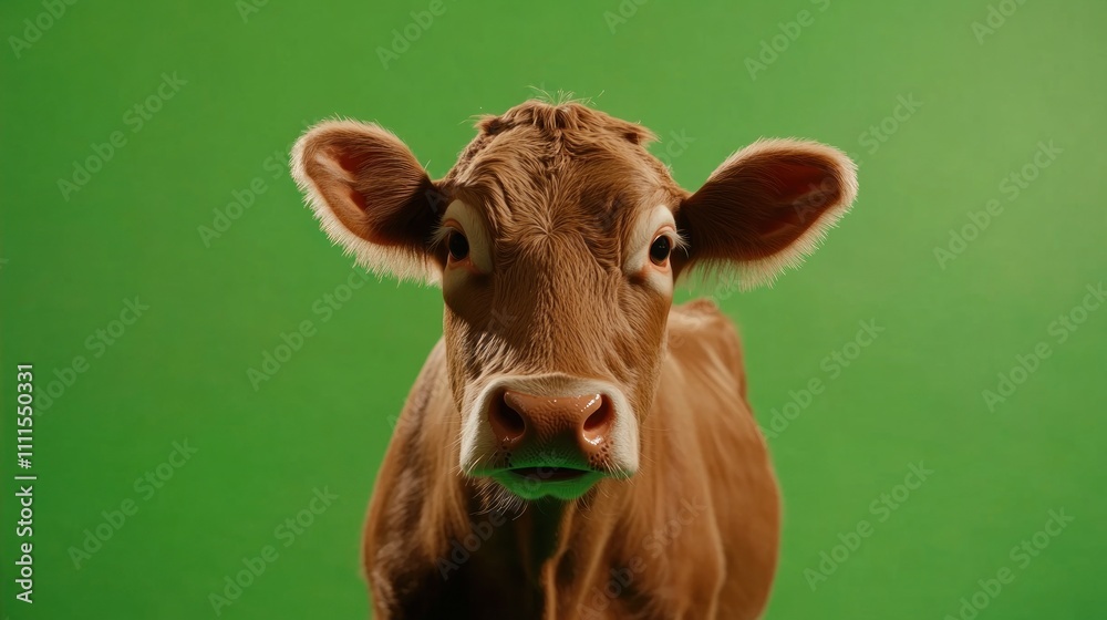 Close-Up Portrait of a Brown Cow with Expressive Eyes Against a Bright Green Background Ideal for Agricultural, Dairy, or Animal Theme Visuals and Content Creation Close-Up Portrait of a Brown Cow with Expressive Eyes Against a Bright Green Background Ideal for Agricultural, Dairy, or Animal Theme Visuals and Content Creation