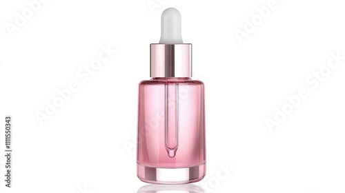 A pink serum bottle with a dropper, used for skincare applications.