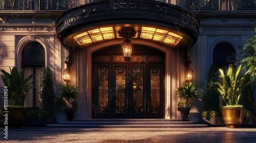 Elegant Hotel Entrance with Vintage Architecture  Warm Lighting  and Lush Greenery in a Sophisticated Urban Setting at Dusk