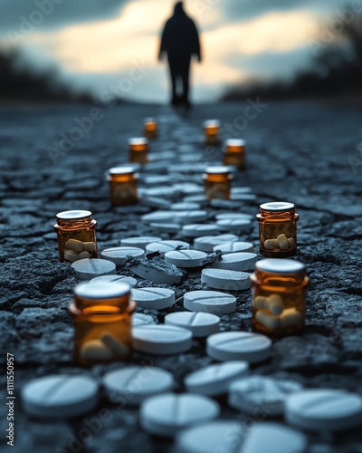 A symbolic image of prescription pill bottles shattered on the ground, with a figure stepping away, representing the struggle and success of overcoming drug addiction photo