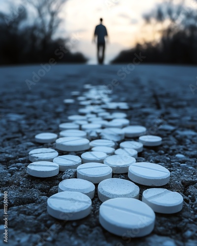 A symbolic image of prescription pill bottles shattered on the ground, with a figure stepping away, representing the struggle and success of overcoming drug addiction photo