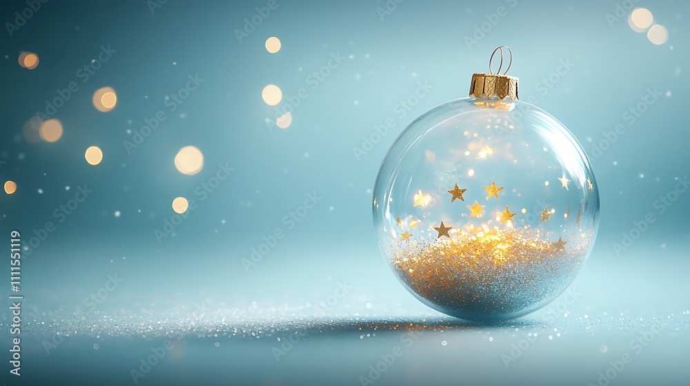 A clear ornament with golden stars inside, glossy and elegant, centered on a muted pastel blue background, soft lighting creating a glowing, festive effect, hd quality, minimalist aesthetic. A clear ornament with golden stars inside, glossy and elegant, centered on a muted pastel blue background, soft lighting creating a glowing, festive effect, hd quality, minimalist aesthetic.