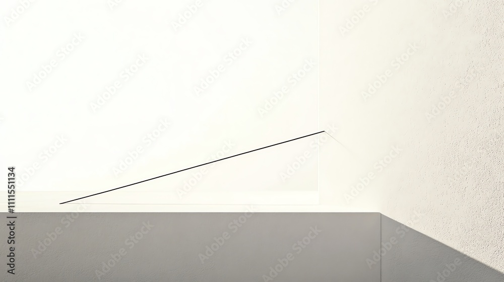A black line runs diagonally across a white wall. A black line runs diagonally across a white wall.