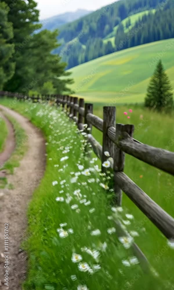 Serene Country Path Lined with Wildflowers and Rustic Wooden Fence Serene Country Path Lined with Wildflowers and Rustic Wooden Fence
